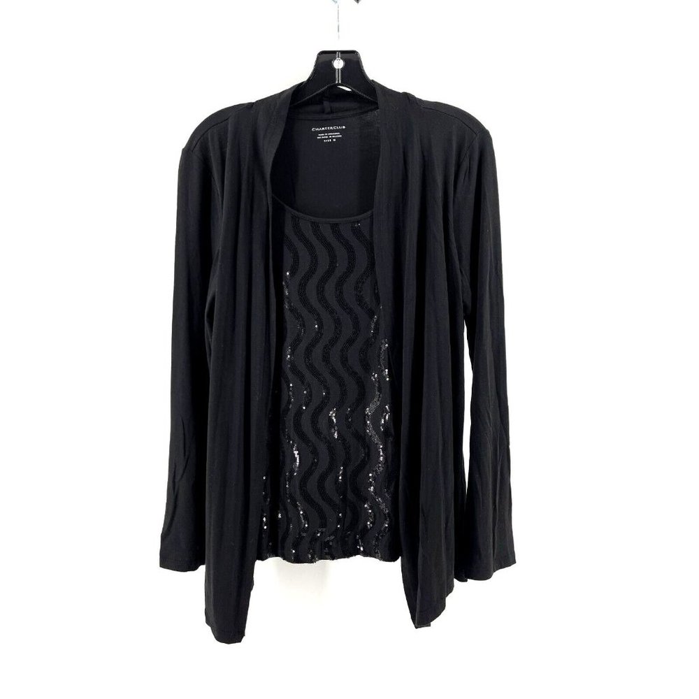 Charter Club Black Sequin Cardigan Top Set One Piece Fancy Medium Womens